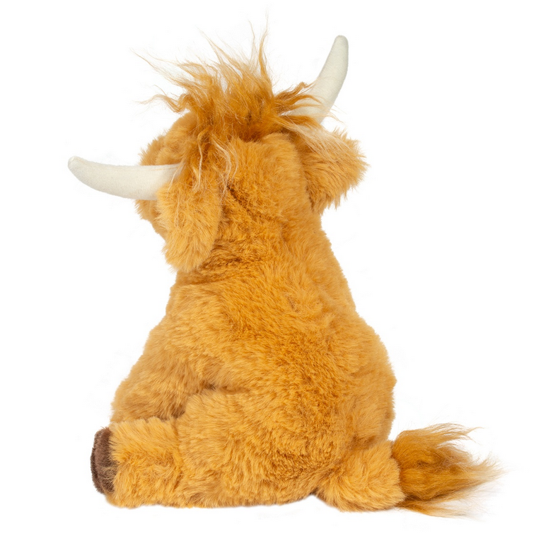 Highland Cow Softie Scottie plush toy with soft rusty fur, ivory horns, and a fluffy tail, perfect for ages 2+ held in hand.