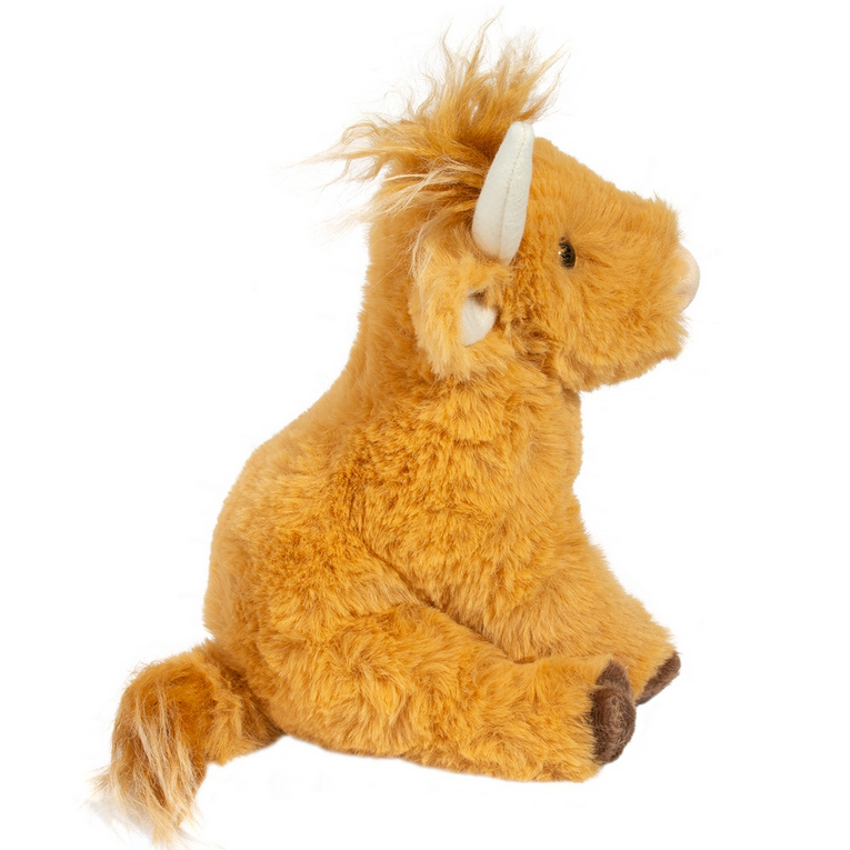 Soft plush toy with faux fur and ivory horns, shown in profile view, Highland Cow Softie Scottie.