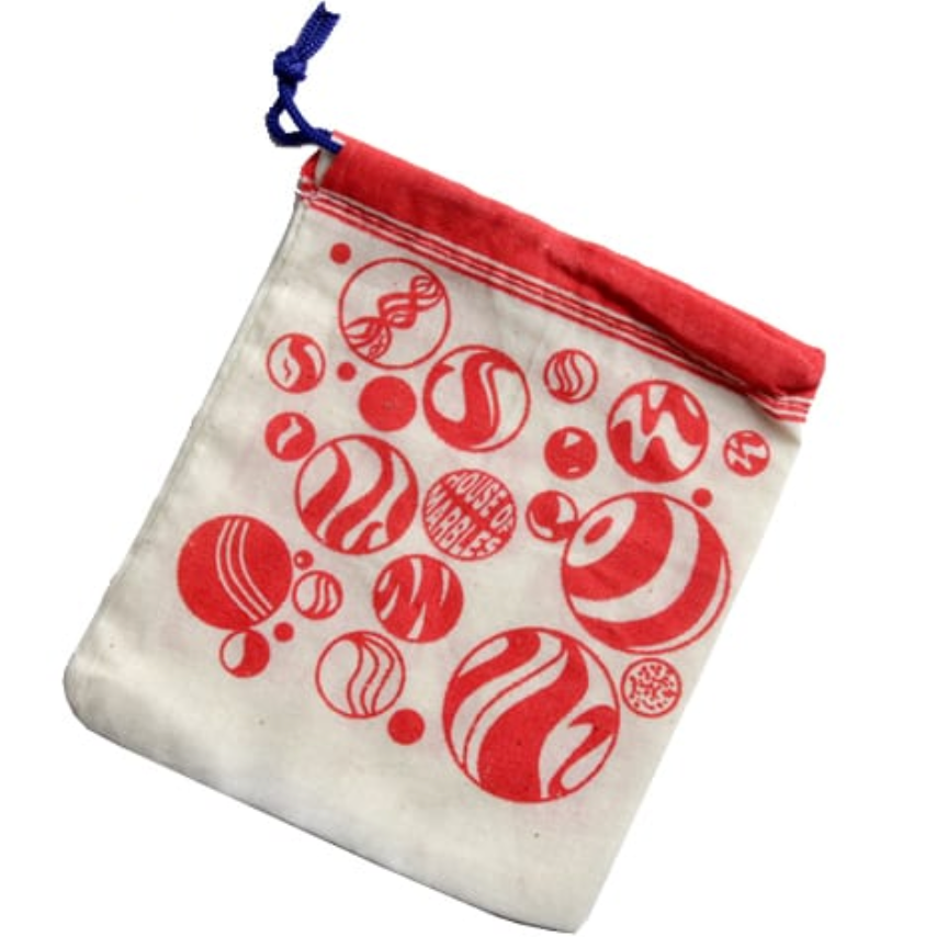 Cotton Marble Bag in white with red printed marbles and red drawstring top, perfect for storing marbles securely.
