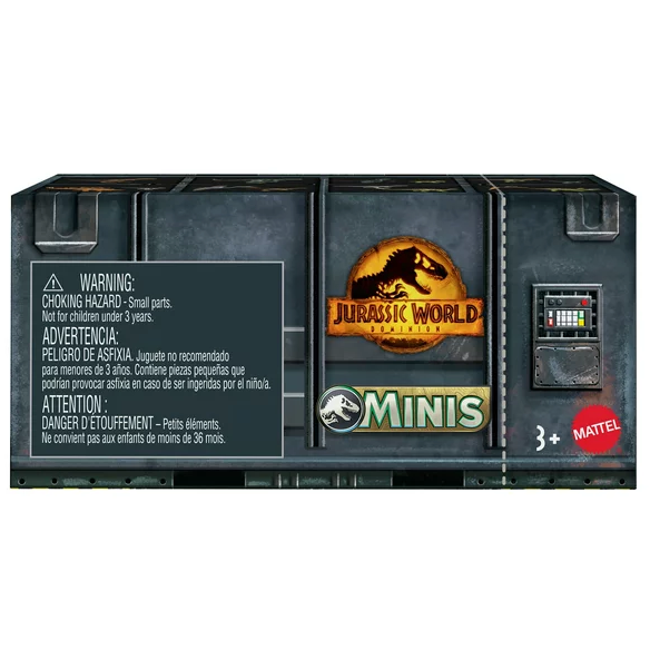 Jurassic World Mini Blind Box packaging featuring a dark container with dinosaur logo and safety warnings for ages 3+
