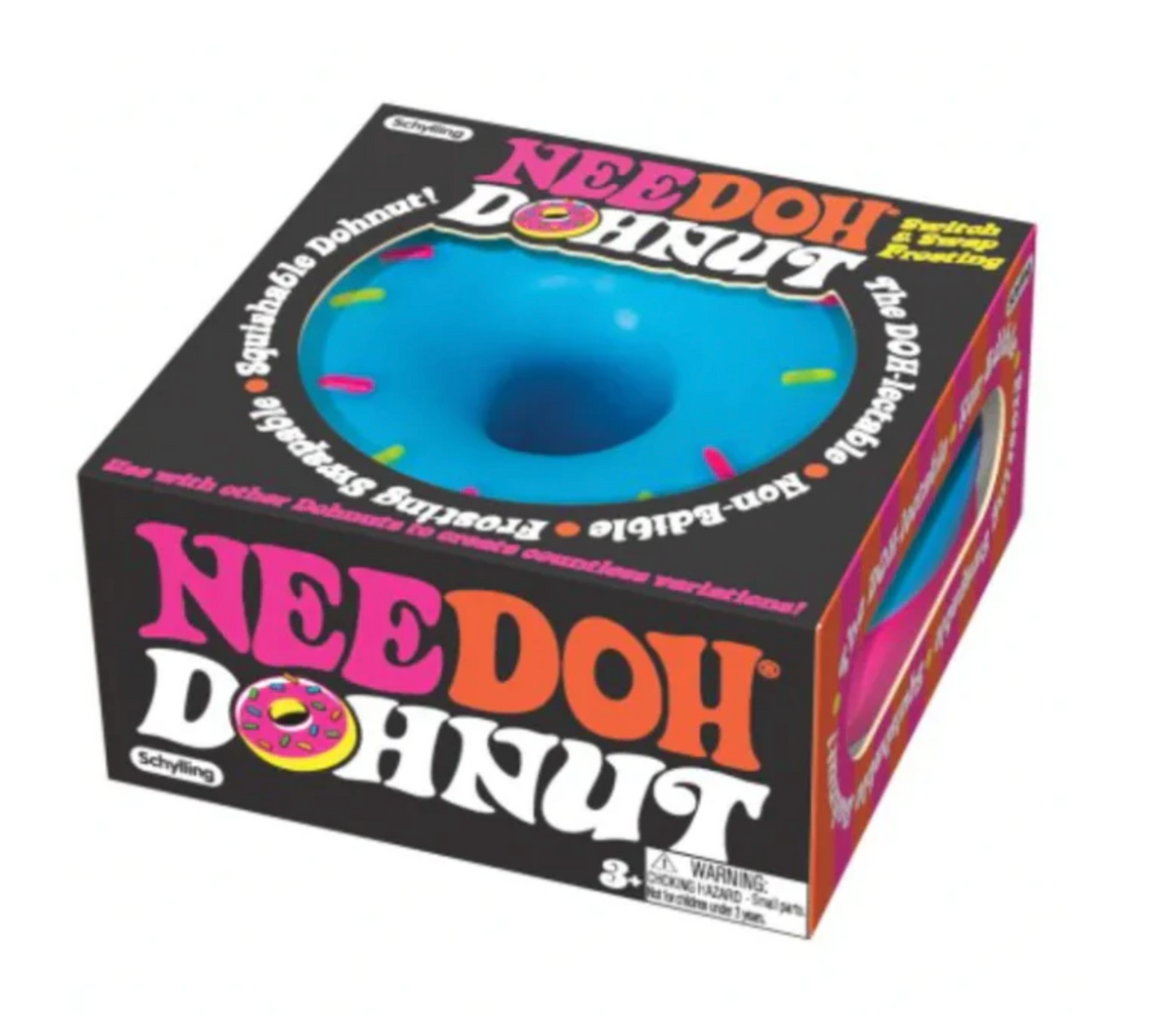 NeeDoh DohNut stress relief toy in blue, squeezable fidget for focus and anxiety, suitable for ages 3 and up.