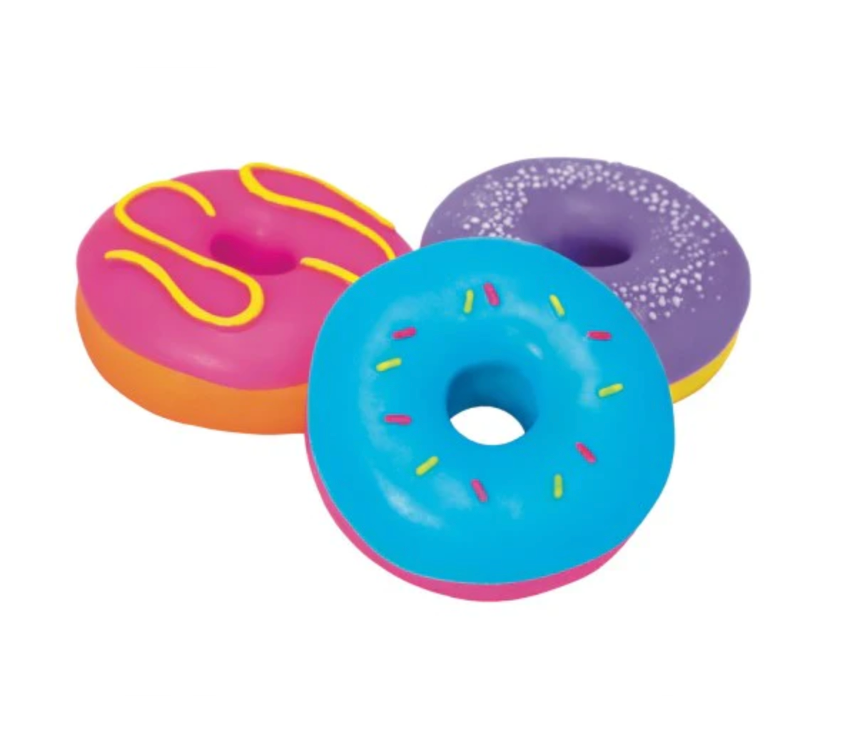 Three colorful NeeDoh DohNut stress relief fidget toys shaped like donuts with vibrant frosting and sprinkles.