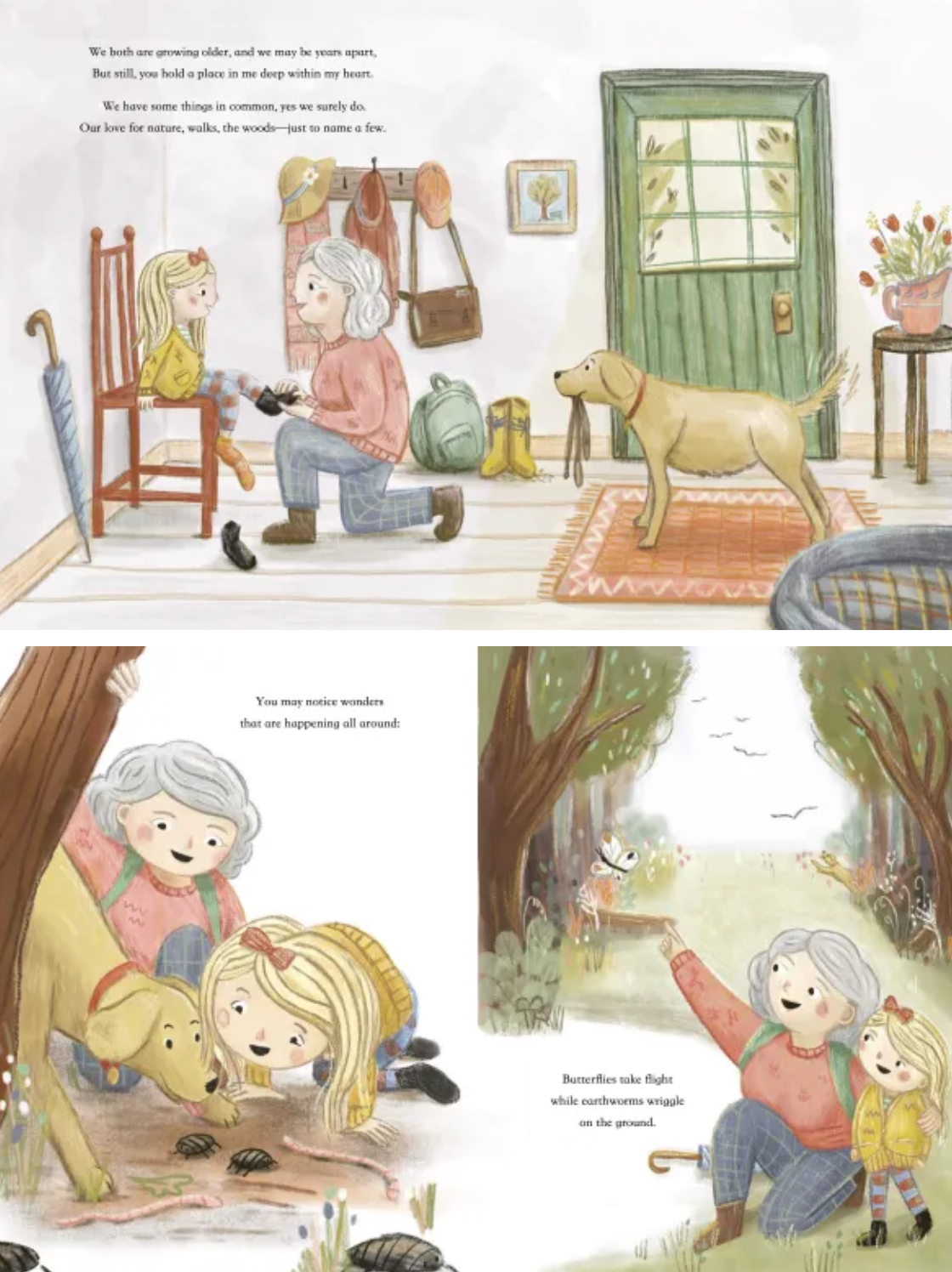 Walk in the Woods With Me shows a grandma and grandchild sharing nature’s beauty with their dog indoors and outdoors.