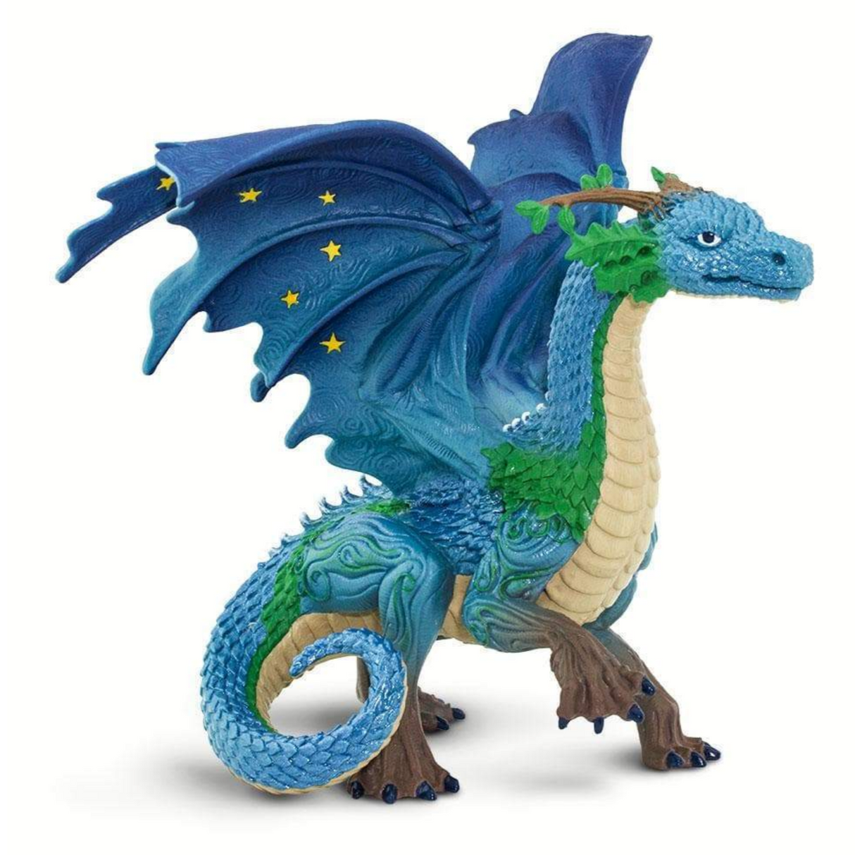 Earth Dragon hand-painted figurine with pearlescent blue-green scales, starry wings, and tree-like horns standing 6 inches tall.
