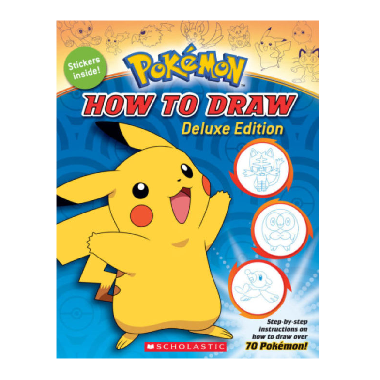 How to Draw Pokemon Deluxe Edition book cover featuring Pikachu and step-by-step drawing guides with stickers inside.