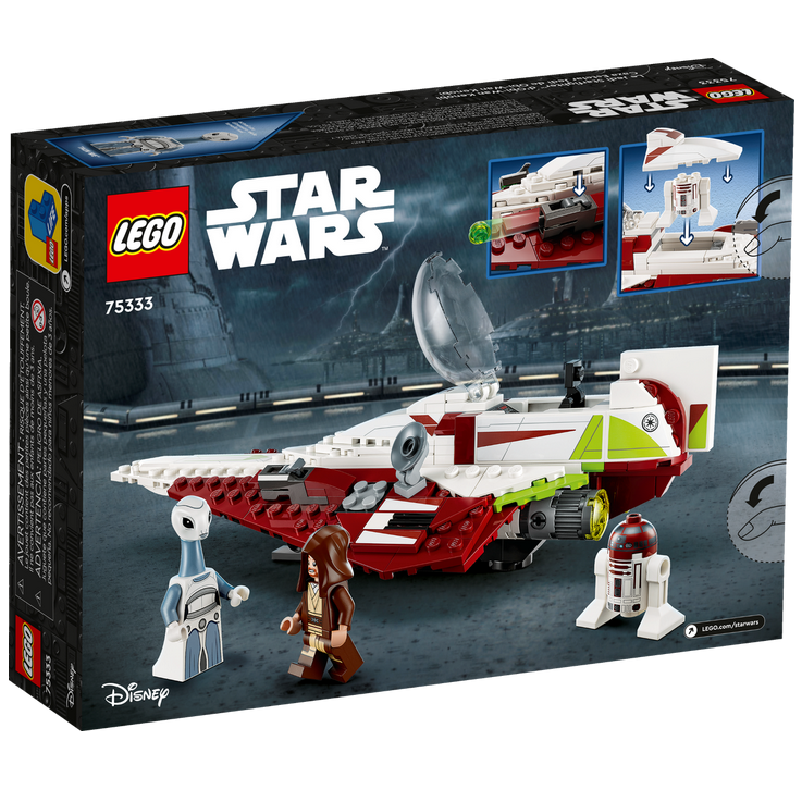 LEGO Star Wars Obi Wan Kenobi's Jedi Starfighter set with minifigures, stud shooters, and R4-P17 droid figure.