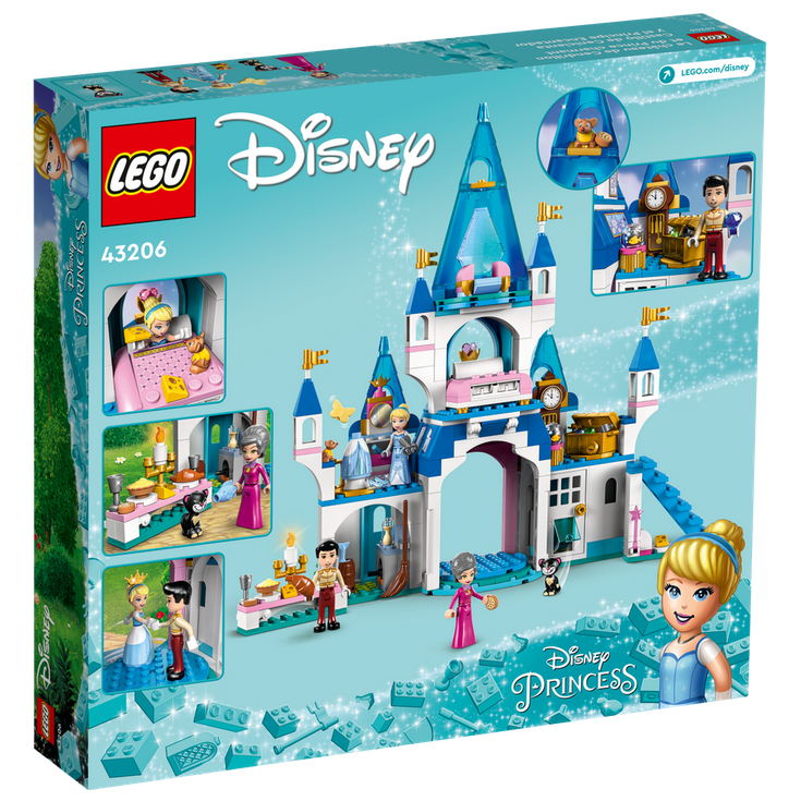 LEGO Disney Princess Cinderella & Prince Charming's Castle set with 3-level castle, mini-doll figures, and accessories for creative play.