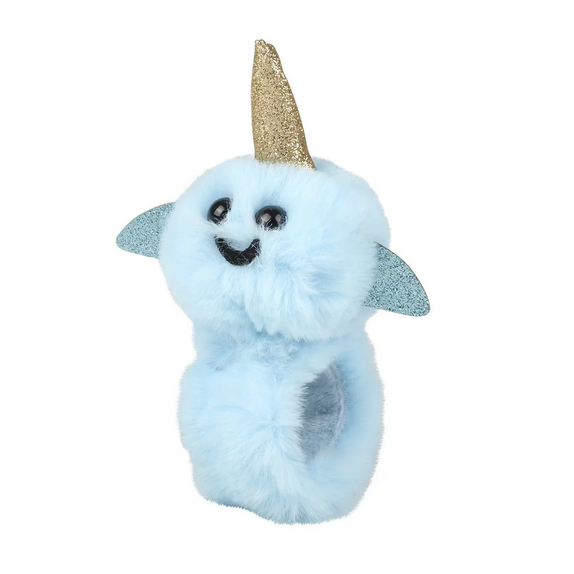 Slap Bracelet Plush Animal featuring a soft blue narwhal with glittery horn and fins, perfect for kids ages 6 and up.