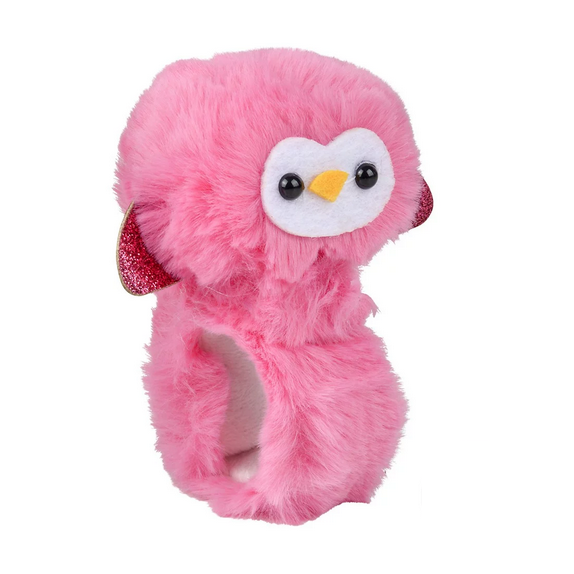 Pink owl plush animal slap bracelet, soft and cuddly wristband, part of the Slap Bracelet Plush Animal collection.