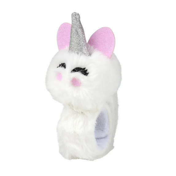 Slap Bracelet Plush Animal featuring a soft white unicorn with pink ears and a sparkly silver horn bracelet design.