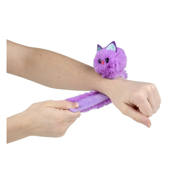 Soft purple owl plush animal wrapped as a wristband on arm, Slap Bracelet Plush Animal for kids ages 6+