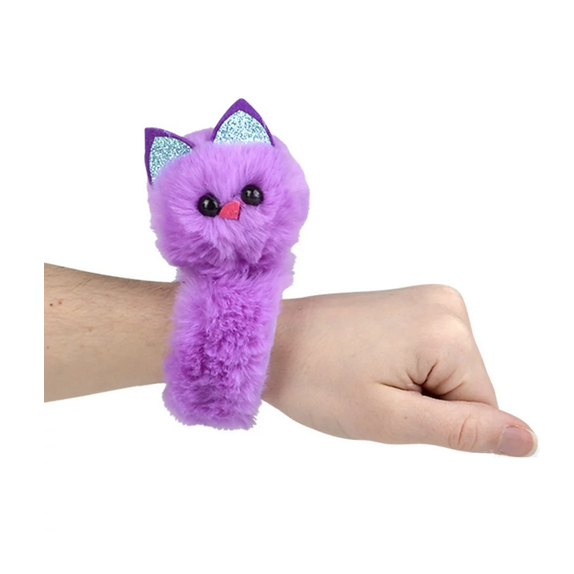 Slap Bracelet Plush Animal featuring a soft purple cat plush on an 8-inch wristband for kids ages 6 and up