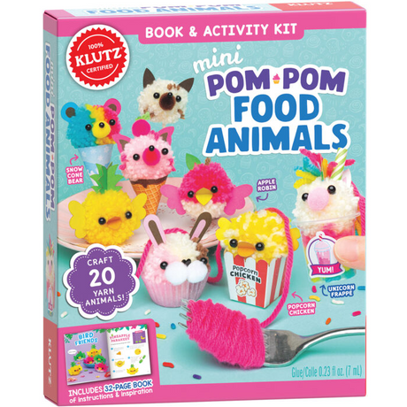 Mini Pom-Pom Food Animals craft kit box showing yarn animal treats like bunny cupcake and popcorn chicken.