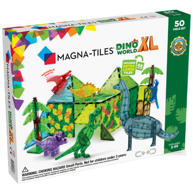 Magnatiles Dino World XL 50pc set with large tropical-themed tiles and six movable dinosaur figures for kids ages 3 and up.