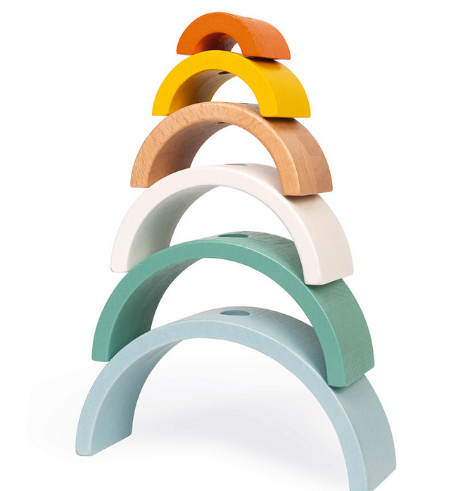 Pull Toy Rainbow Turtle wooden stackable arches in soft colors for early learning and motor skill development.