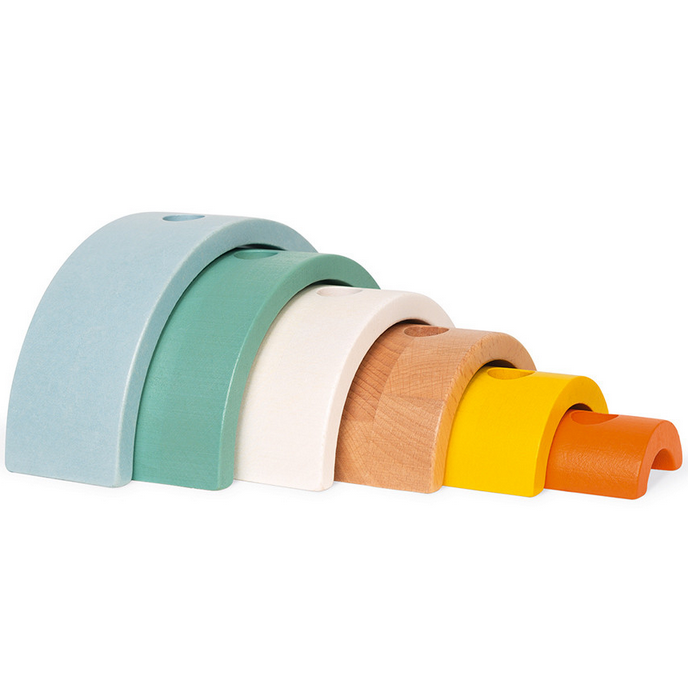 Pull Toy Rainbow Turtle wooden arches in subtle colors for stacking and building, part of the 2-in-1 toy set.