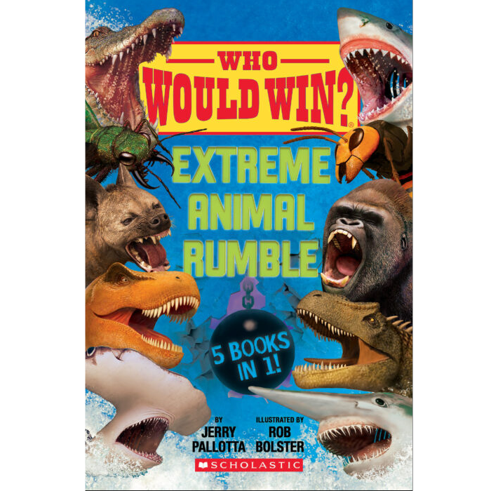 Cover of Who Would Win: Extreme Animal Rumble featuring fierce animal faces and text highlighting 5 books in 1.
