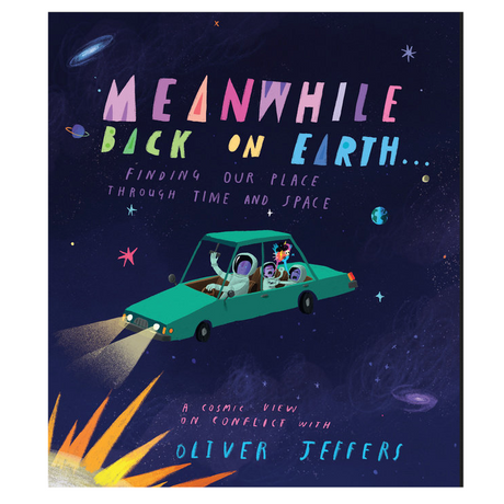 Meanwhile, Back on Earth book cover showing two characters in a car floating in outer space with colorful text.