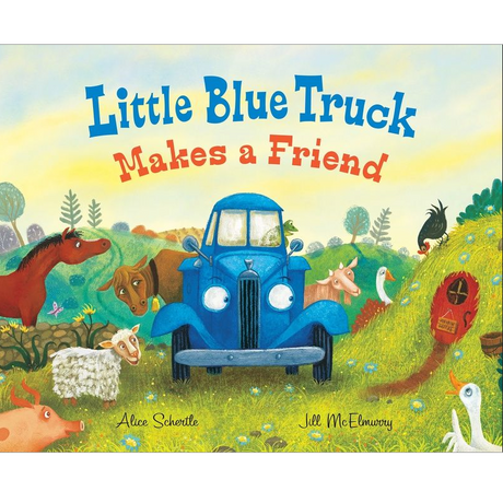 Cover of Little Blue Truck Makes a Friend showing a blue truck and farm animals in a colorful meadow.