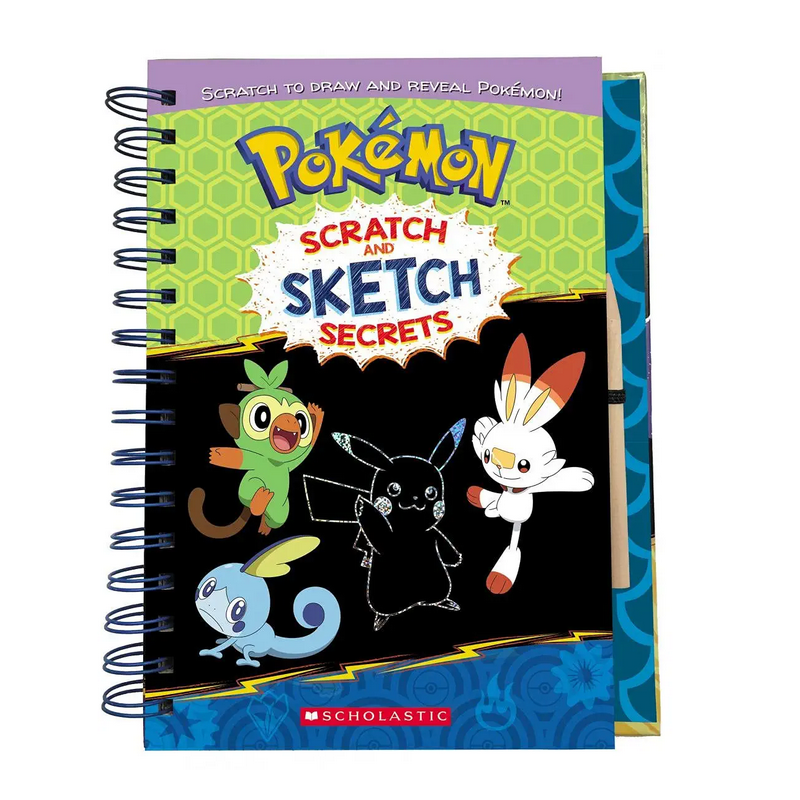 Pokemon Secret Scratch Art book with stylus, featuring Grookey, Scorbunny, Sobble, and Pikachu to reveal and draw.