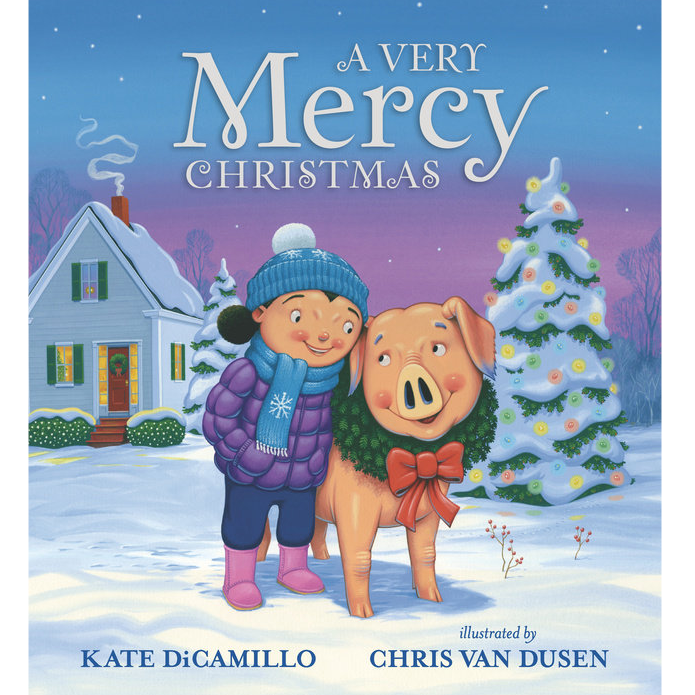 A Very Mercy Christmas book cover with a child in winter clothes hugging a pig wearing a holiday wreath by a snowy house.