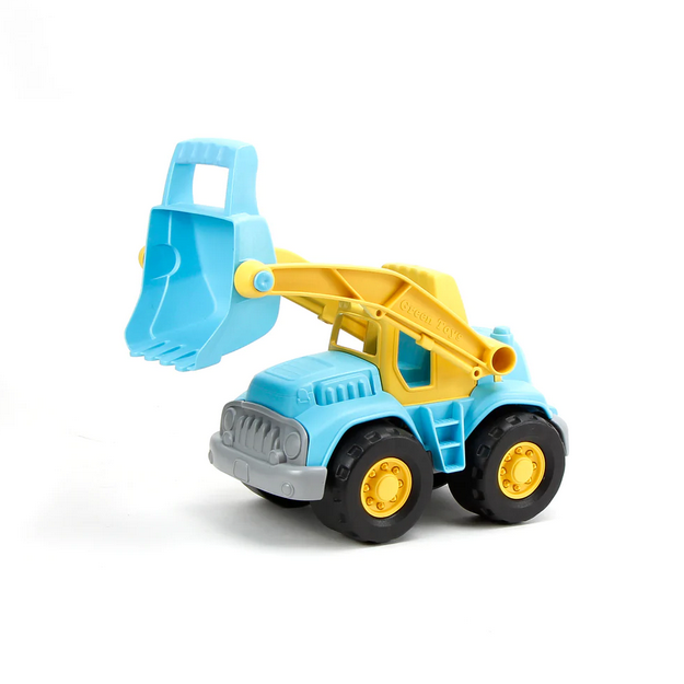 Loader Truck toy in blue and yellow with a movable arm and bucket for scooping and dumping play.