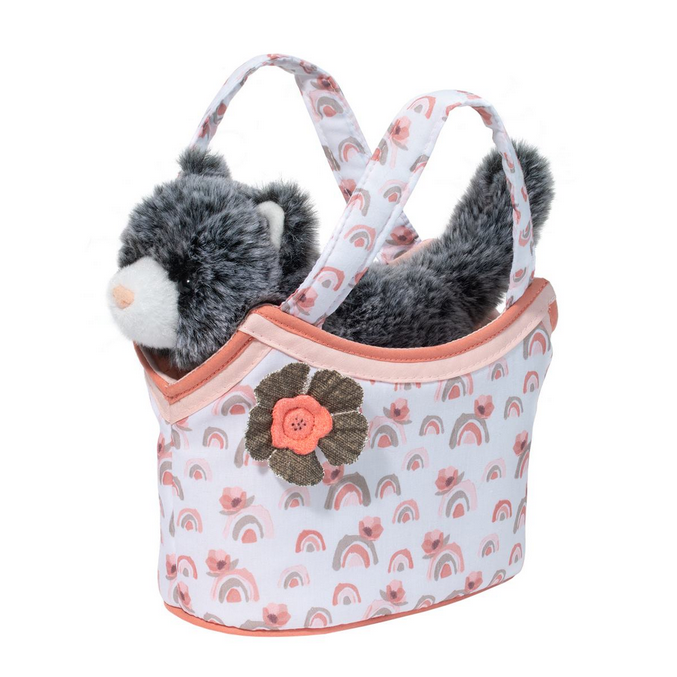 Pet Carrier Watercolor Rainbow Cat tote with coral trim, floral pattern, and a plush gray cat inside.