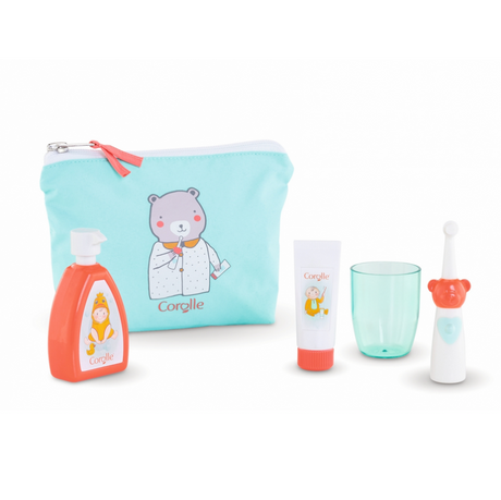 Care Pouch & Accessories with lotion, toothbrush, toothpaste, and cup in a zippered pouch for Corolle dolls.