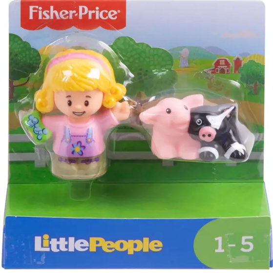 Little People 2pk featuring a smiling girl figure with a pink pig and black-and-white cow farm animals.