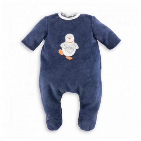 12in Starlit Night PJs in soft navy fabric with a smiling penguin, easy self-adhesive closures for baby dolls.