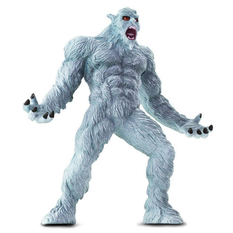 Yeti figure with detailed light blue fur, red eyes, black claws, and open mouth in an intimidation pose.