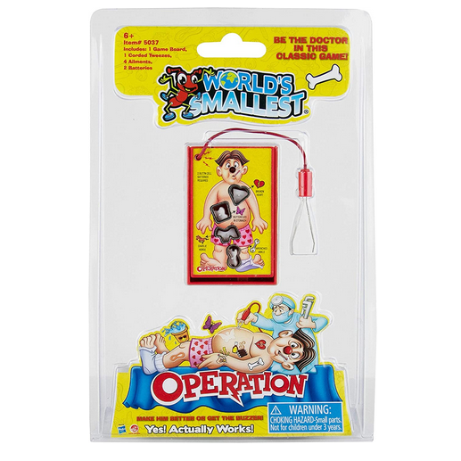 World's Smallest Operation game with tiny board, tweezers, and buzzer in compact packaging for kids 6 and up.