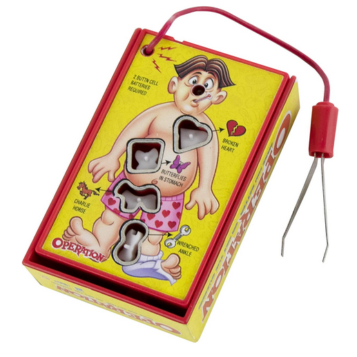 World's Smallest Operation game with tiny tweezers, buzzer nose, and four funny ailments in a compact storage box.