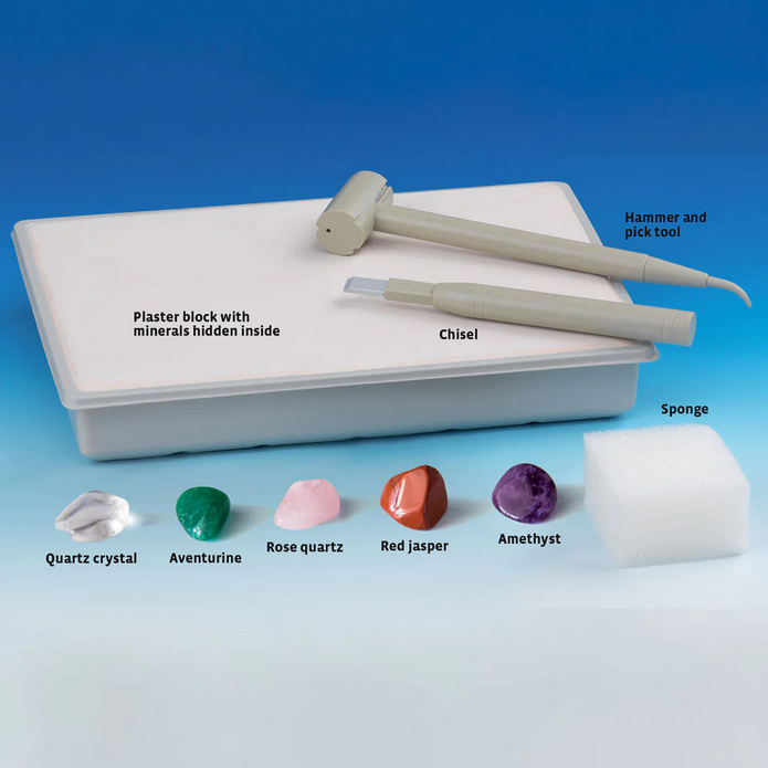 I Dig It! Real Minerals kit with tools, plaster block, and five colorful mineral specimens for excavation and learning.