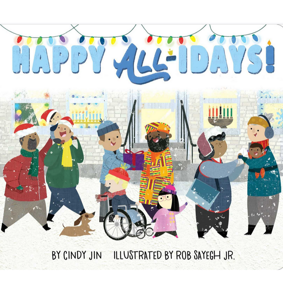 Happy All-Idays! cover showing diverse families celebrating winter holidays with festive lights and gifts in a friendly neighborhood.