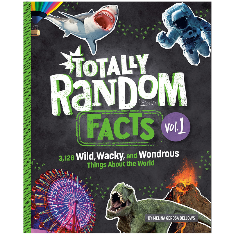 Cover of Totally Random Facts Vol 1 featuring wild animals, space, volcano, and a ferris wheel with colorful design.