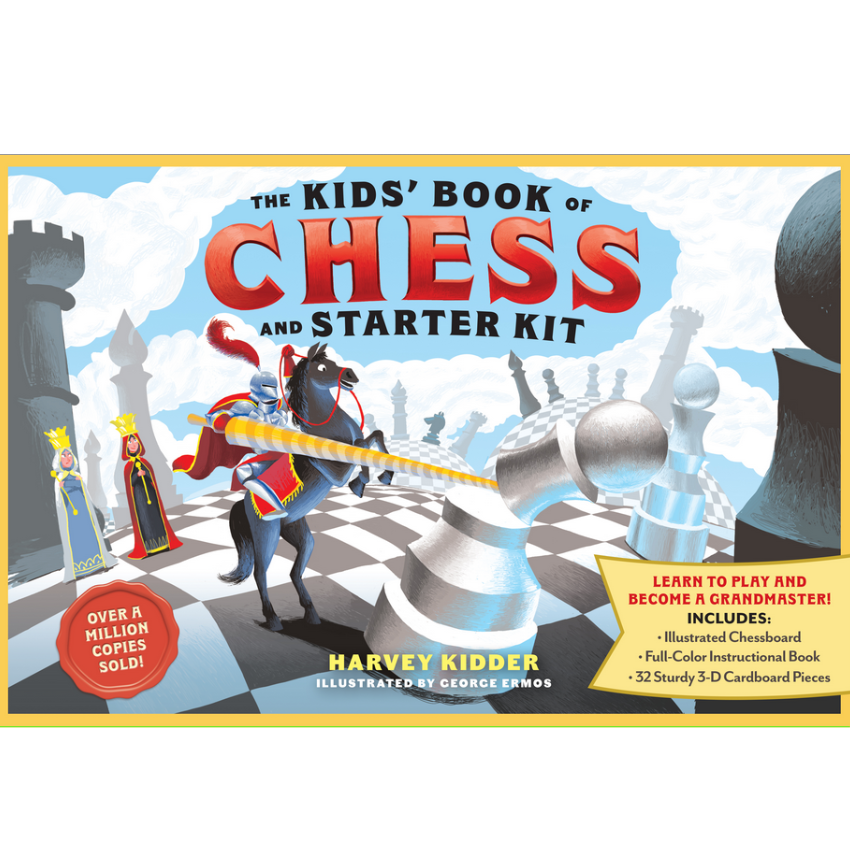 Kids Book of Chess & Kit with illustrated chessboard, instructional book, and 32 cardboard chess pieces for beginners.