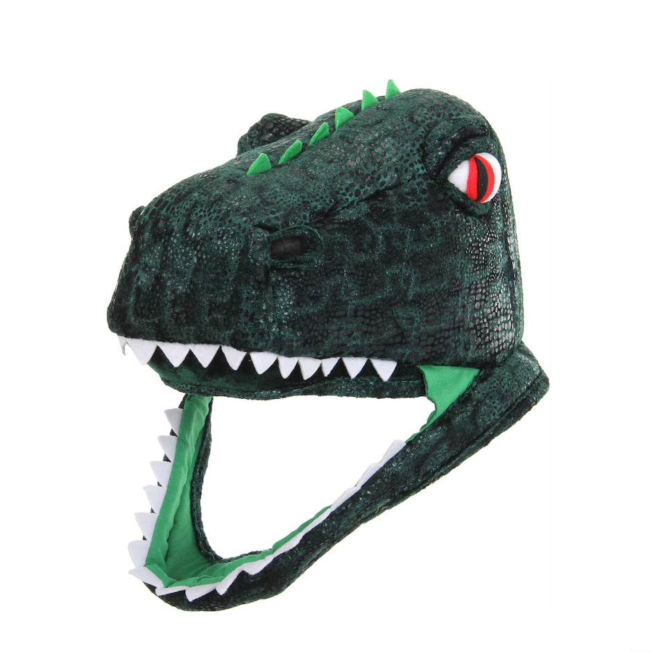 T-Rex Hat designed like a green dinosaur head with sharp teeth and red eyes, adjustable for kids and adults.