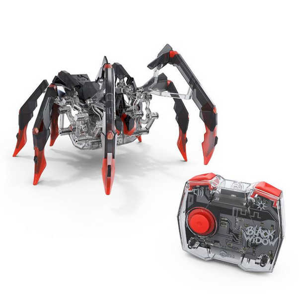 Hex Bots RC Tarantula with eight legs and remote control showcasing detailed mechanical design in black and red colors.