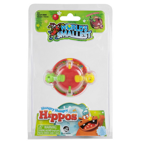 World's Smallest Hungry Hungry Hippos miniature game with two hippos in feeding frenzy, perfect for ages 6 and up.