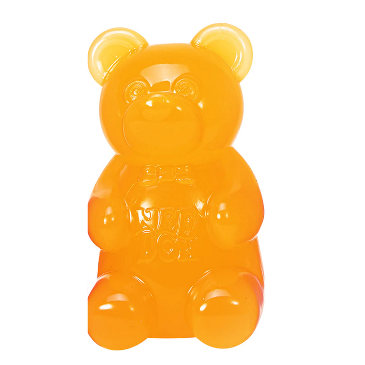 Bright orange squishy NeeDoh Gummy Bear toy with detailed gummy bear features, perfect for fidgeting and stress relief.