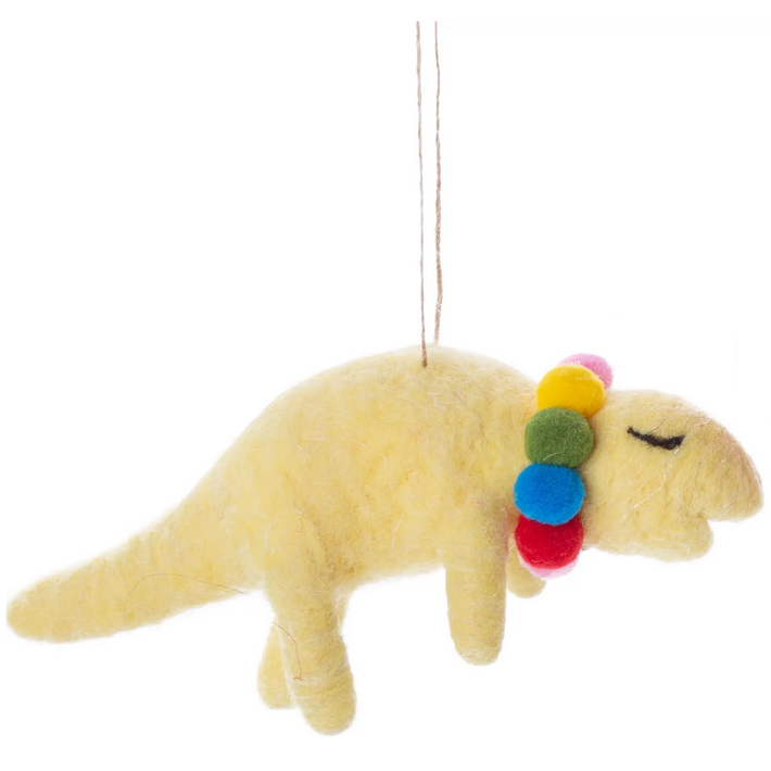 Yellow Dino Felt Ornament with colorful pom pom necklace, soft felt texture, and hanging string for holiday decoration.