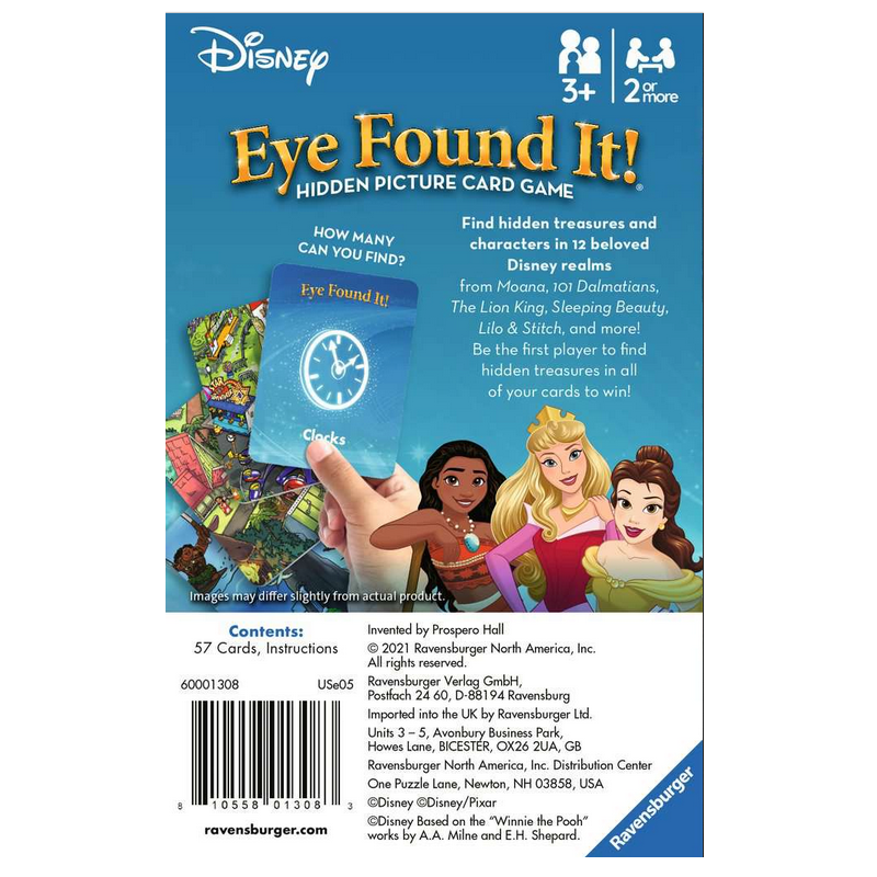 Eye Found It! Disney hidden picture card game featuring 12 Disney realms with cards and instructions for ages 3+.