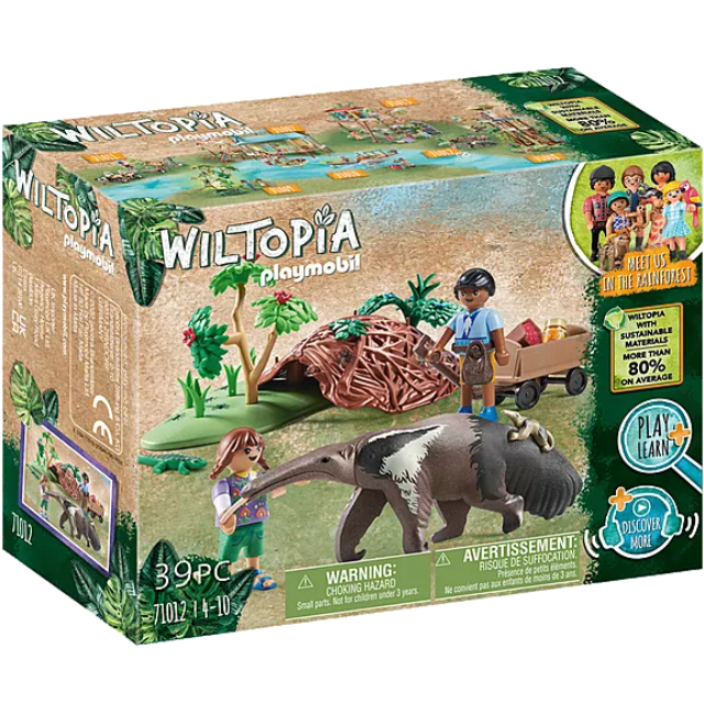 Wiltopia Anteater Care set with children figures, anteater and cub, anthill, and educational animal card.