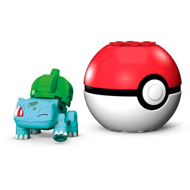 Mega Construx Pokemon Ball with buildable Bulbasaur figure and Poké Ball display stand for ages 6 and up.