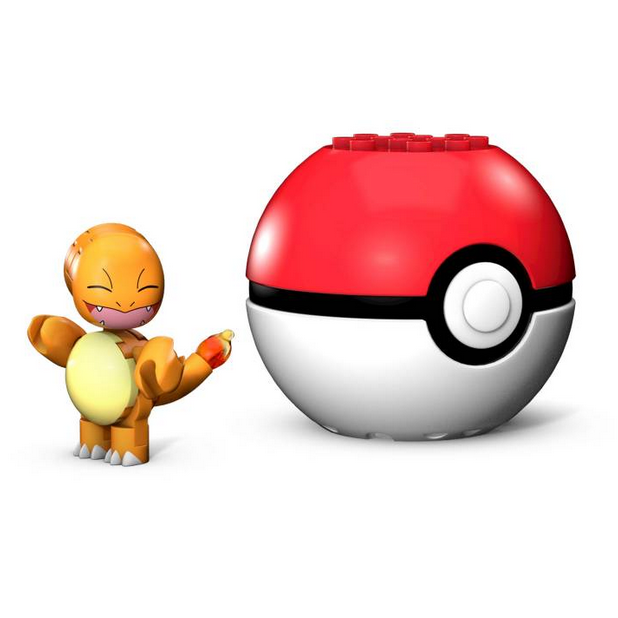 Mega Construx Pokemon Ball with a buildable Charmander figure and red and white Poké Ball display stand.