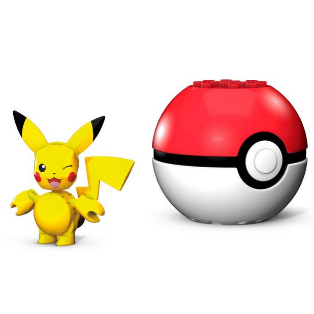 Mega Construx Pokemon Ball with buildable Pikachu figure and display Poké Ball stand, perfect for ages 6 and up.