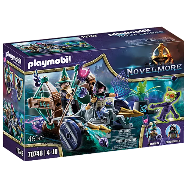 Playmobil Violet Vale Demon Patrol playset with demon-catching wagon, figures Flamathor, Demonthella, and small demon toy.