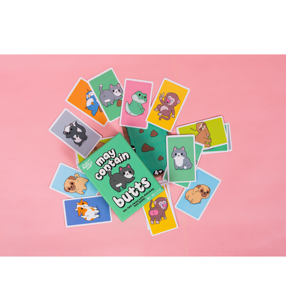 May Contain Butts card game with colorful animal cards arranged on a pink background for family fun.