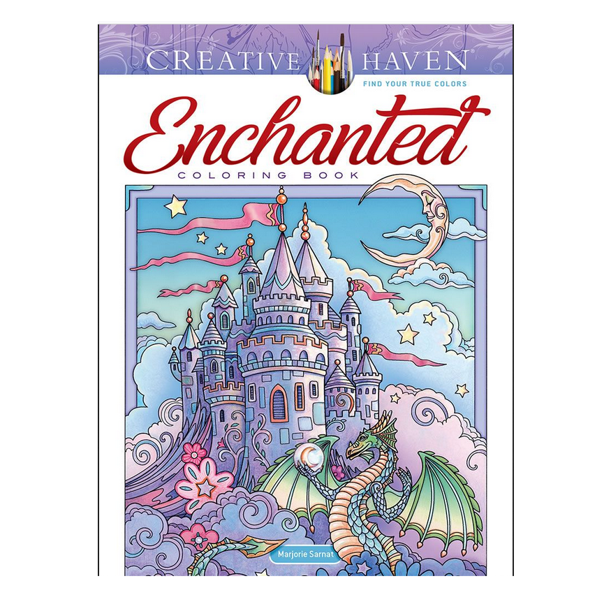 Enchanted Coloring Book cover with a fantasy castle, dragon, moon, stars, and whimsical clouds in pastel colors.